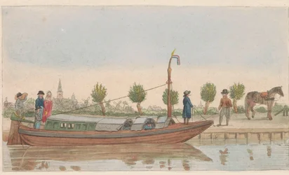 Bogserpråm, 1824 En hollandsche vandring eller Jaagschuit / Une barque de tracte, servante au transport de voyageurs et marchandises en hollande (titel på objektet)