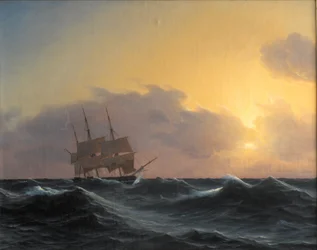 Fregatt i storm med riggade undersegel