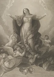 Jungfruns antagande, som reser sig med utsträckta armar, änglar som stödjer henne från..., 1792.