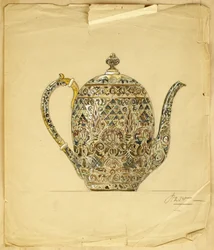 Design för en äggformad silverförgylld kaffekanna i emalj i cloisonne, House of Carl Faberge