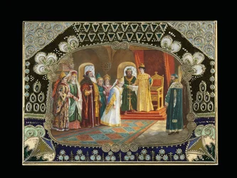 Detalj av den målade kartuschen från en bordslåda, föreställande tsar Alexei Mikhailovich som väljer en brud, ca 1908-1917