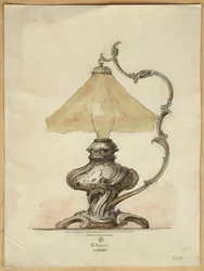 Teckning på en bordslampa i silver med tvinnad räfflad kropp i rokokostil, House of Carl Faberge