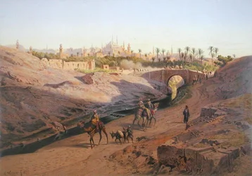 En vy över Kairo från norr med Vita moskén, en av 24 illustrationer producerade av G.W. Seitz, tryckt ca 1873 (lito i färg)