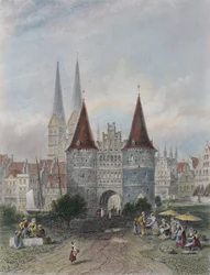 Holstens port vid Lubeck, graverad av John Godfrey (1817-89) (färgstick)