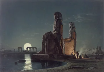 The Colossi of Memnon, Thebe, en av 24 illustrationer producerade av G.W. Seitz, tryckt c.1872