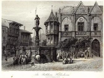 The Rathhaus, Hildesheim, graverad av J.J. Crew, tryckt av Cassell und Company Ltd