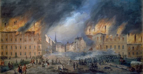 Slaget vid Sternbarrikade i Jagerzeile den 28 oktober 1848, revolution i Wien, brand i staden, målning av Carl Goebel (1824-1899), Österrike