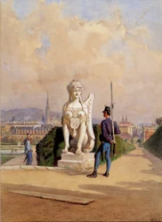 Kurzweil på vakt i trädgården på Belvedere Palace i Wien