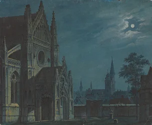 Tyska: Månljus över gården till en gotisk kyrka med rika fönster / Förgård till en gotisk kyrka i månljus