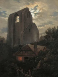 Ruinerna av Eldenaklostret med stuga nära Greifswald i månsken, 1820