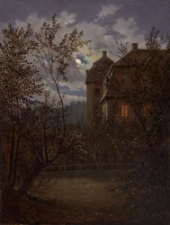 Schloss Milkel i månsken, ca. 1833-35.