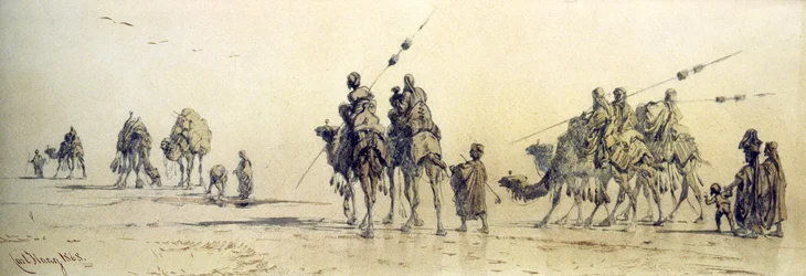 En karavan av beduiner som närmar sig en brunn i öknen, 1868 (penna och tvätt på papper)