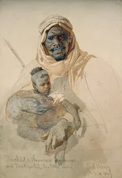 Bachist, en Howazeen Bedawee och Mabzookh, hans lille son, 1859 (penna och wc-tvätt på papper)