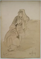 Studie av en sittande dam, Nasaret, 1859 (penna och wc-tvätt på papper)