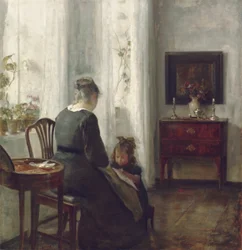 En mor och ett barn i en interiör (olja på duk)
