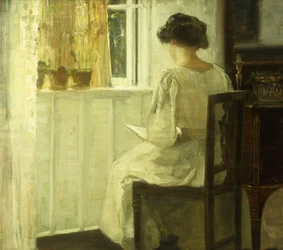 En kvinna som läser i en solbelyst interiör (olja på panel)