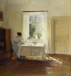 En kvinna som sitter vid ett bord vid ett fönster (olja på duk)