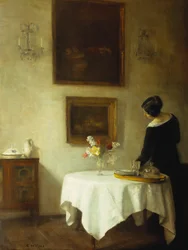 En kvinna vid ett matbord (olja på duk)