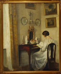 En interiör med en flicka som läser vid ett skrivbord (olja på duk)
