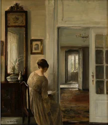 Föreläsning. La femme du peintre - Läsning. Målarens fru - Carl Holsoe (1863-1935). Olja på duk Mått: 58x52 cm Privat samling