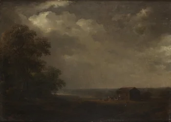 Landskap med hus och boskap