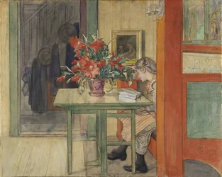 Lisbeth lisant - Lisbeth Reading, av Larsson, Carl (1853-1919). Akvarell och tempera på papper