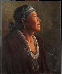 Ta-otza-begay, även kallad Meguelito, Navajo Medicine Man (olja på duk monterad på panel)