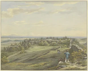 Borggården vid Falkensteinruinen med utsikt över Mainslätten, Odenwald och Rhenbergen