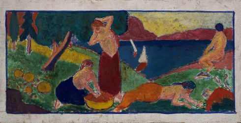 Kvinnor i landskap med blå kant, före 1932.