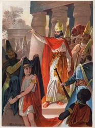 På en skylt av Sarastro sprider en präst stora svarta segel på prins Tamino och prinsessan Pamina Illustration av Carl Offterdinger (1829-1889) i "" Den förtrollade flöjten"" (Die Zauberflote, flauto magico, Trollflöjten). Privat samling.