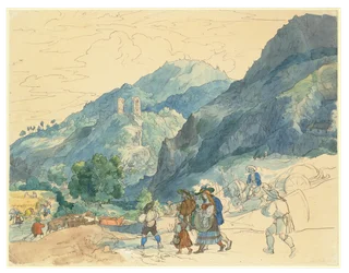 Landskap nära Innsbruck med ruinerna vid Fragenstein och landsbygdsbor som återvänder hem och arbetar på åkrarna