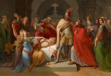 Kriemhild vid Siegfrieds lik förklarar Hagen som sin mördare och svär hämnd