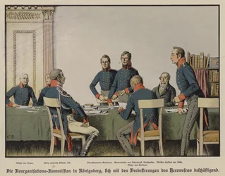 Kung Fredrik Vilhelm III närvarade vid ett möte med den preussiska militära omorganisationskommissionen i Königsberg (färg litho)