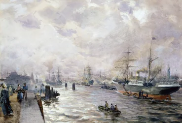 Segelfartyg i hamnen i Hamburg, 1889 (wc och gouache på papper)