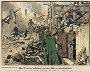 Fredrik den store besöker ruinerna av den brända staden Kustrin.