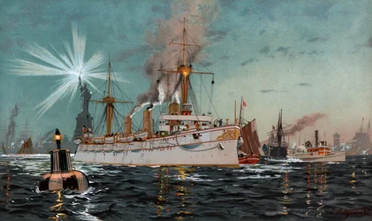 Kejsarinnan Augusta lämnar New York, kromo-litografi av C. Saltzmann 95, nr13 från G. Wislicenus, Unsre Kriegsmarine.