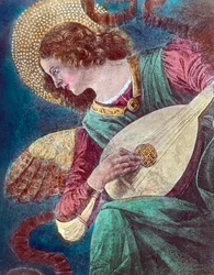 Ängel som spelar musik. Del av en Freskomålning av den italienske renässansmålaren Melozzo da Forli även känd som Michelozzo degli Ambrogi (1438 - 1494), målad ca 1480... Bilddatum: ca 1900. Carl Simon-arkivet