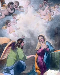 Bebådelsen. Målning av den spanske barockmålaren Bartolome Esteban Murillo (1617 - 1682) år 1655. Bilddatum: ca 1910. Carl Simon-arkivet