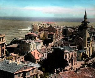Rumänien, staden Constanța, en av de största hamnarna vid Svarta havet. Vy mot Stora Mahmudiye-moskén, bilddatum: omkring 1920. Carl Simon-arkivet