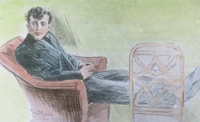 Titanics jungfruresa 1912, bilden troligen en illustration av Harold Bride, en av Titanics trådlösa operatörer för telegram, historia, historisk, Carl Simon, handkolorerad glasbild