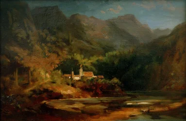 By på en sjö i bergsdalen