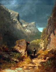 Gebirgslandschaft mit Marterl an einem Felsen