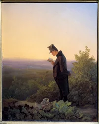 Läser Breviary på kvällen En man som läser Bibeln i ett romantiskt landskap. Målning av Karl Spitzweg (1808-1885) n 1845 sön. 0,29x0,23 m