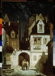 Ett hörn av en tysk stad vid månsken. Målning av Carl Spitzweg (1808-1885). Akvarell på papper, 68,5 x 46,5 cm. Tysk konst från 1800-talet. Pushkin Museum of Fine Arts, Moskva.