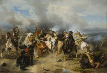 Kung Gustav II Adolfs död av Sverige (1594-1632) sade Nordens store eller lejon i slaget vid Luetzen den 6 november 1632 - Sveriges kung Gustav II Adolfs död i slaget vid Luetzen den 6 november 1632, av Wahlbom, Carl (1810-1858). Olja på