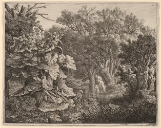 Landskap med stora löv och tre satyrer