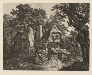Halm-halmtak hydda med landskap och figurer