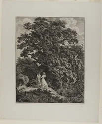 Skogslandskap med ett elegant par som går under en ek