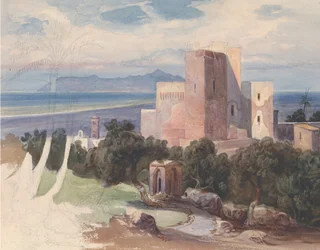 Utsikt över Terracina med Mount Circeo recto..., mitten av 1800-talet.
