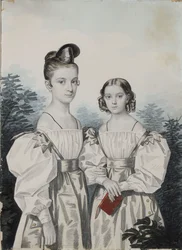 Porträtt av systrarna Anna Petrovna 1822-1905 och Elena Petrovna 1824-1860 Ushakov, 1830-talet.